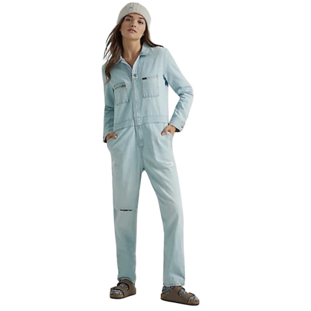 Lee Coveralls Jumpsuit Union All Denim Jeans Light Wash Long Sleeve Distressed M